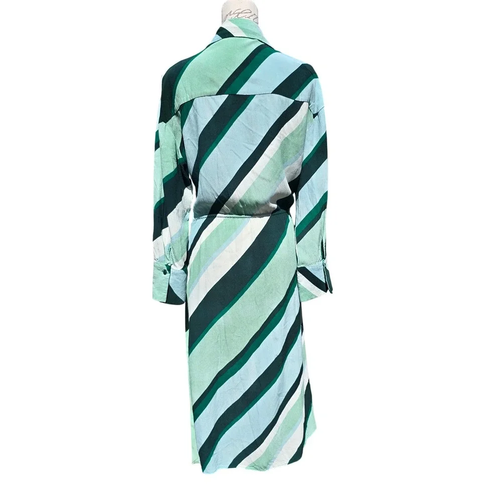 MNG Mango Womens Green Striped Wrap Midi Shirt Dress Long Sleeve‎ Size 6